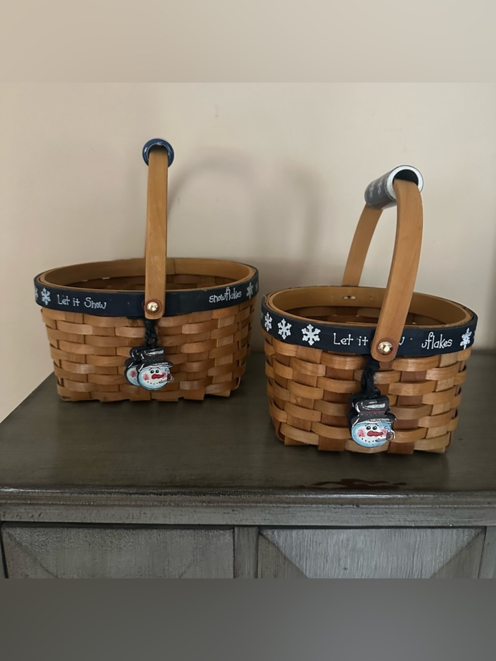 (2) Let It Snow Woven Holiday Baskets with Snowman Charm